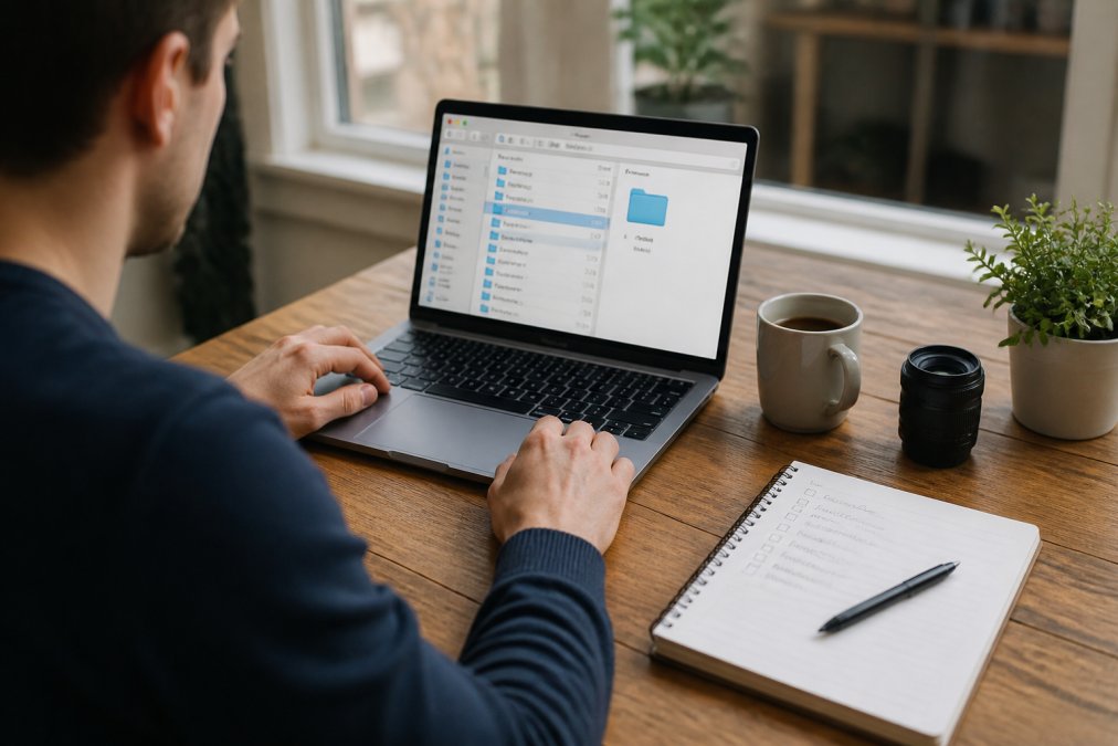 Eine Person sitzt an einem aufgeräumten Schreibtisch vor einem Laptop, auf dem Bildschirm ist ein Datei-Explorer mit einem Backup-Ordner zu sehen, daneben ein Notizbuch mit einer Checkliste