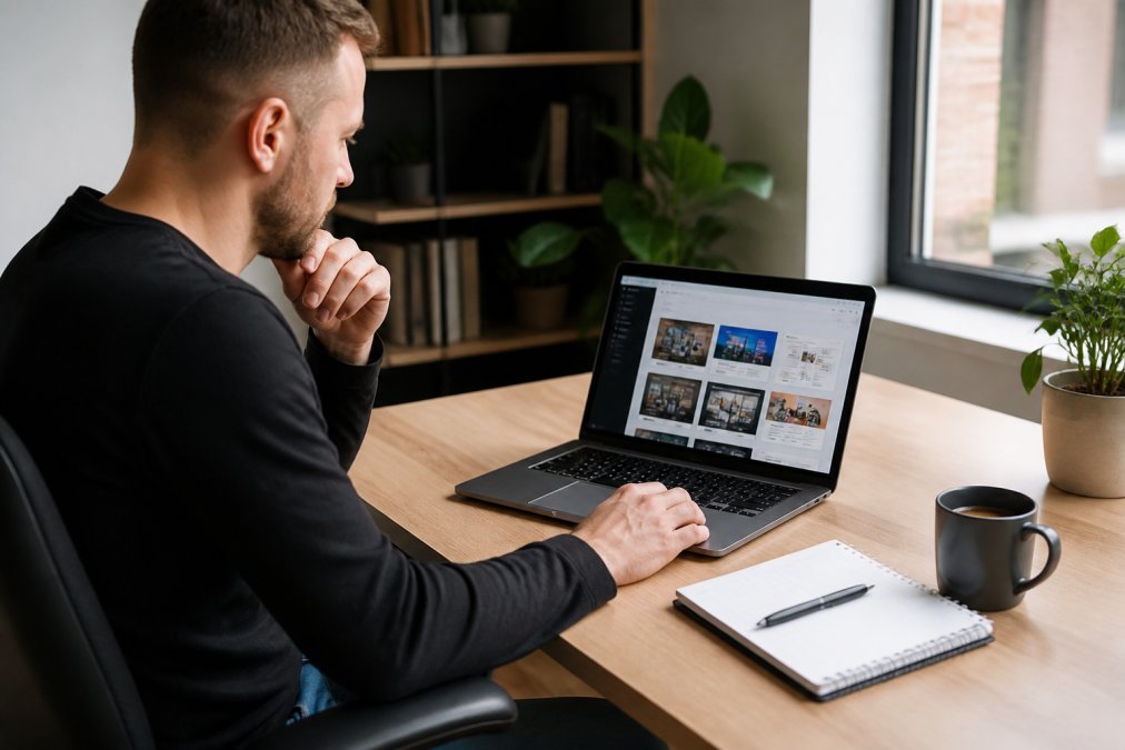 Eine Person sitzt an einem modernen Schreibtisch und richtet ein WordPress-Dashboard ein. Auf dem Monitor sind Theme-Vorschauen zu sehen, daneben liegen ein Notizbuch und eine Tasse Kaffee.