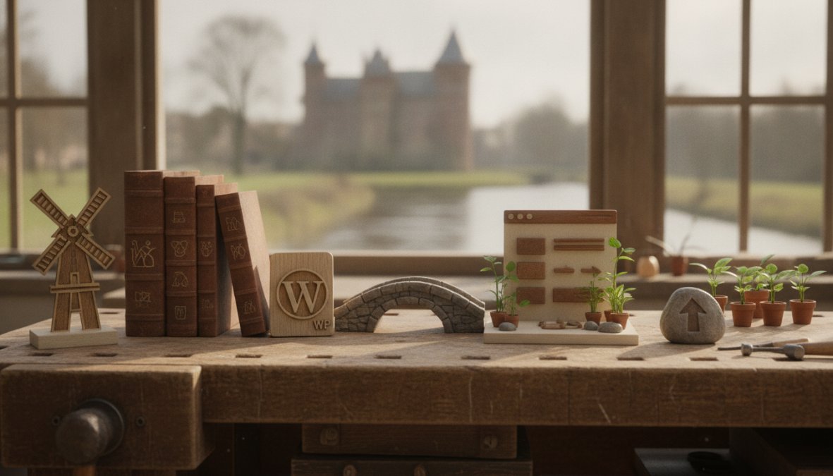 Lokale ondernemer en webdesigner bespreken samen een WordPress website Helmond op een laptop tijdens een afspraak.