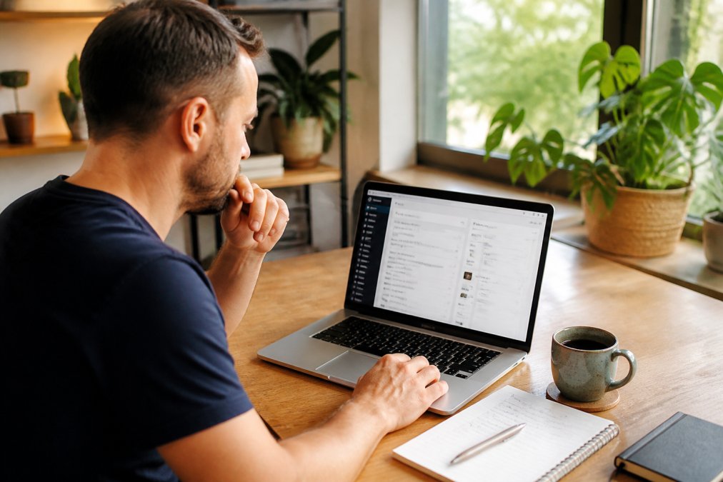 Persoon werkt aan WordPress optimalisatie zelf doen op een laptop met koffie en notitieblok op het bureau