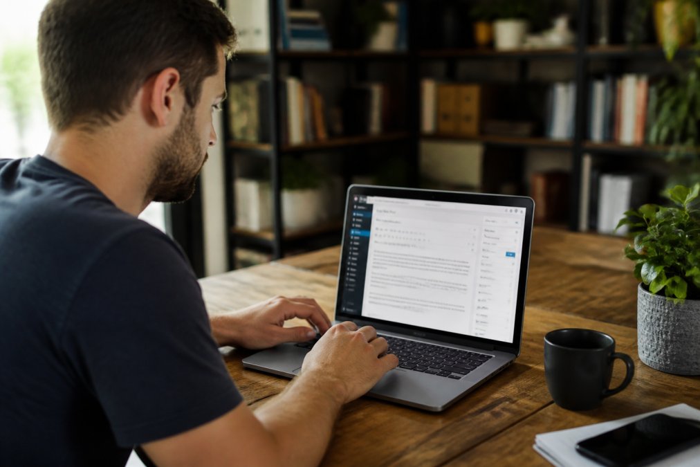 Persoon zit achter een laptop en werkt in het WordPress dashboard, met duidelijk zichtbare menu's, instellingen en de editor interface op het scherm