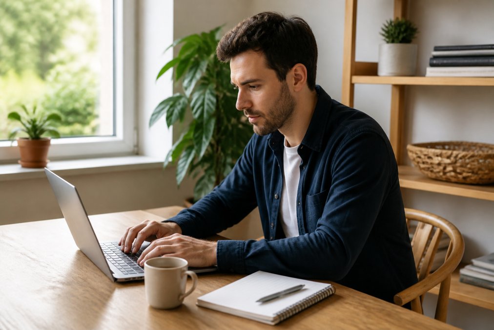 Een persoon typt content in de WordPress editor met een kopje koffie en notitieblok naast de laptop, op een gezellig werkplek met natuurlijk licht