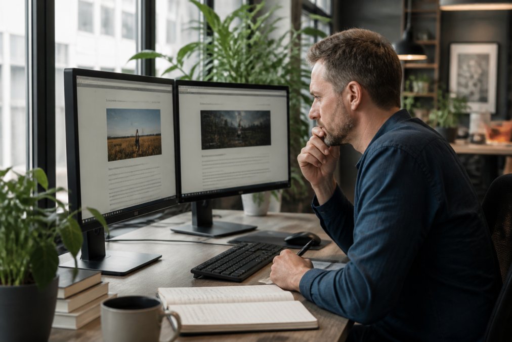 Professional werkend aan bureau met twee monitoren, vergelijkt informatie op scherm terwijl notities worden gemaakt in modern kantoor met natuurlijk licht