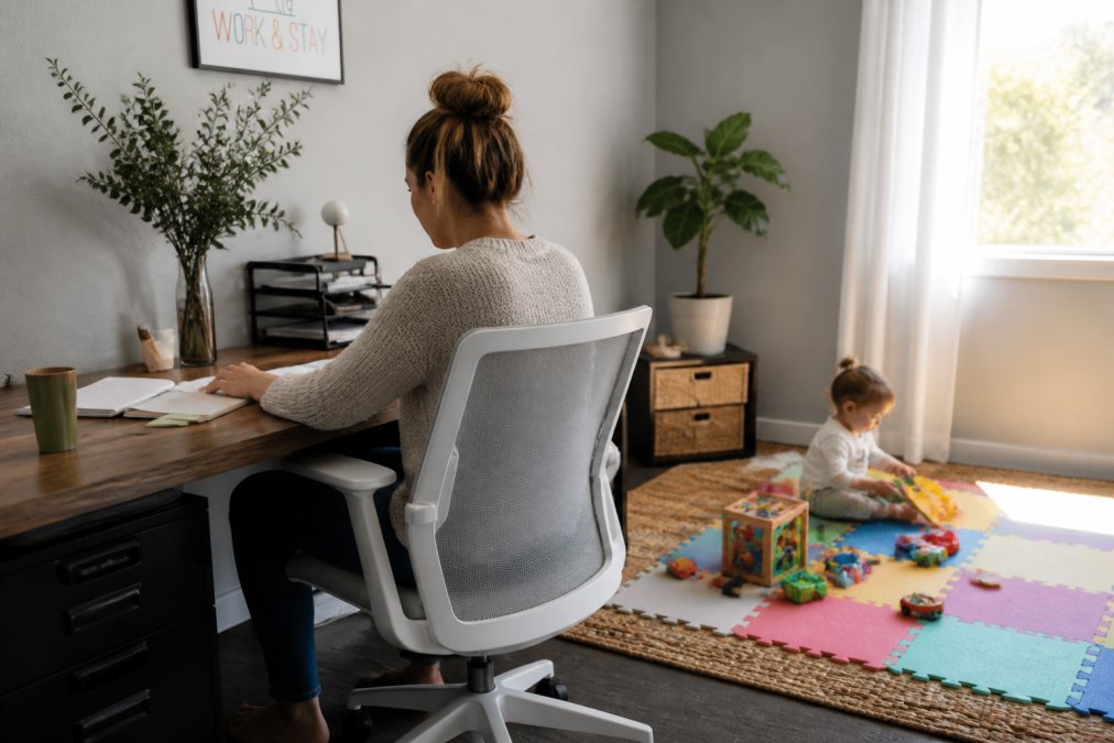 Parent focused on laptop work at a home desk with a toddler playing safely nearby on a colorful play mat surrounded by toys, natural window lighting illuminating the organized workspace