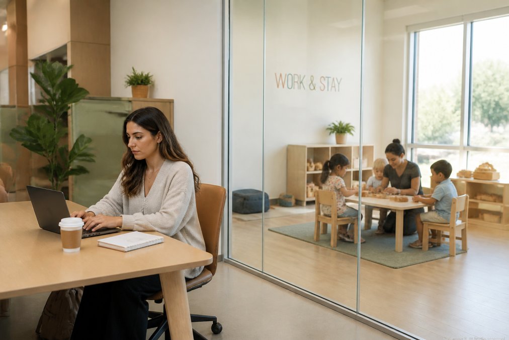 Professional parent working intently at a coworking desk with glass partition visible, showing children engaged in supervised learning activities with bright, welcoming childcare space visible in adjacent room with natural lighting