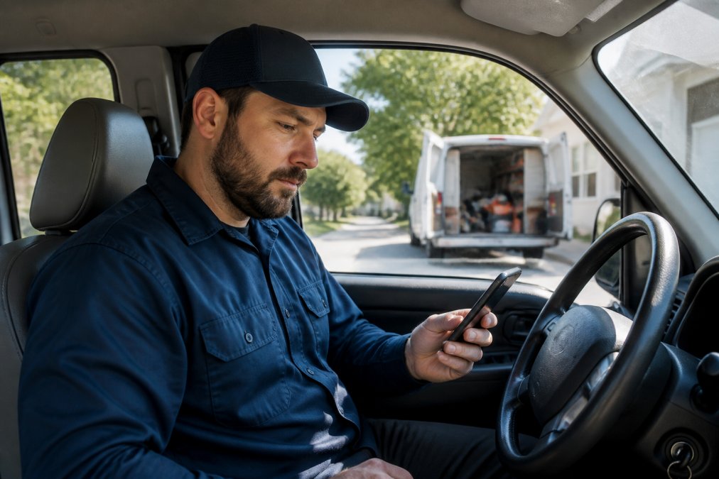 Field service technician in work truck checking mobile device to view work order assignments and update job status in real time, natural daylight through truck window
