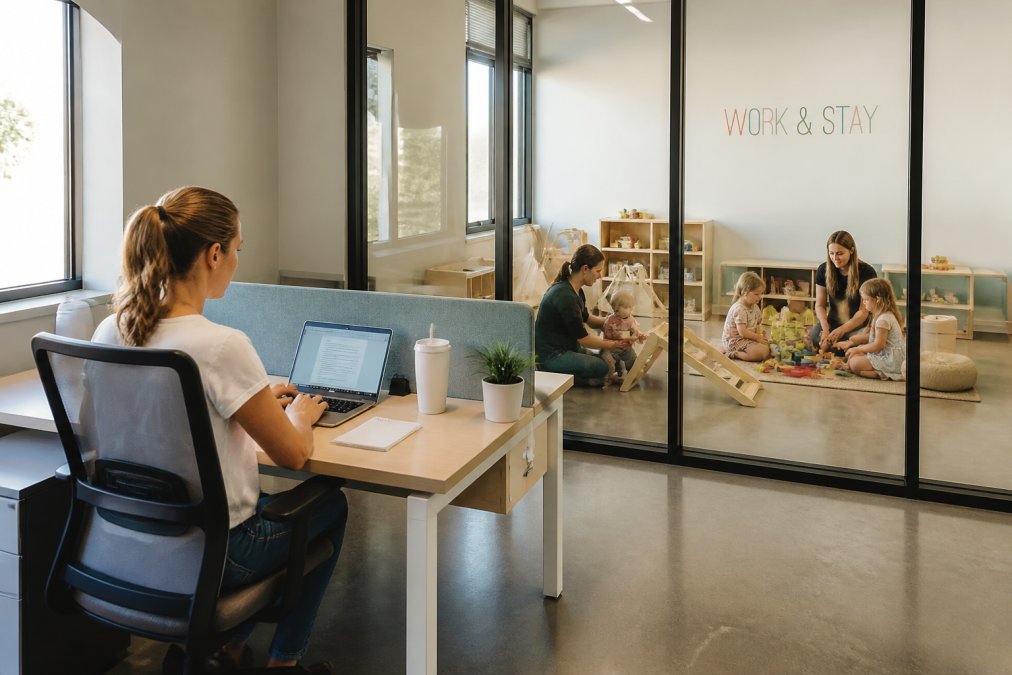 Parent working at a bright, modern desk in a coworking lounge with ergonomic setup, visible through glass partition into an adjacent childcare area where toddlers engage in supervised activities with trained staff