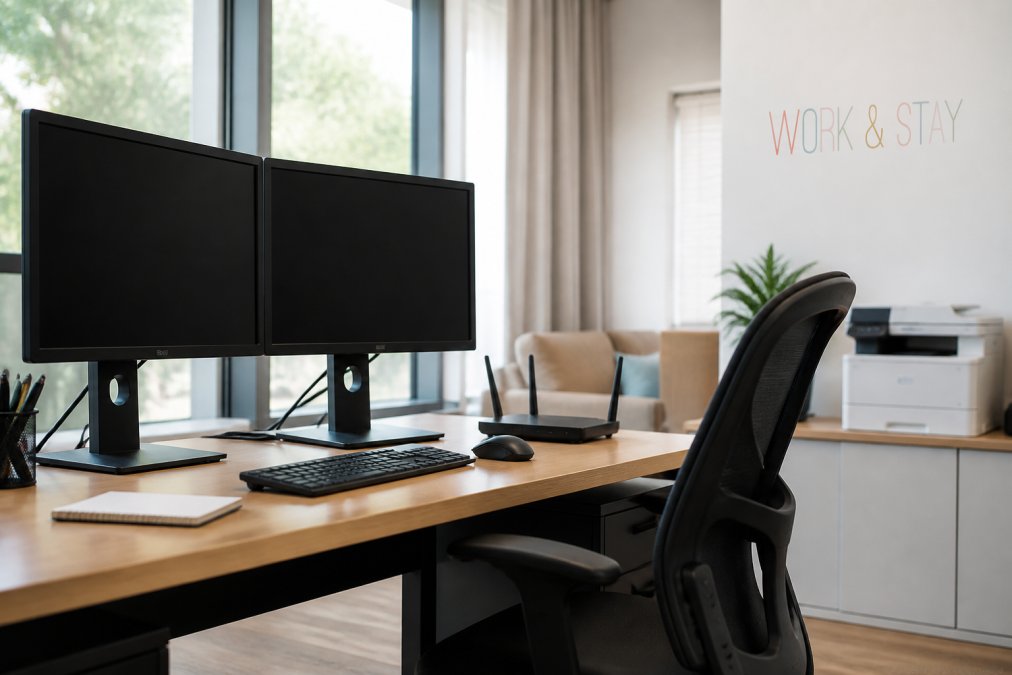 Close-up of a professional workspace setup with ergonomic desk chair, dual monitors, high-speed internet router, and modern office equipment in a bright, climate-controlled room with natural lighting