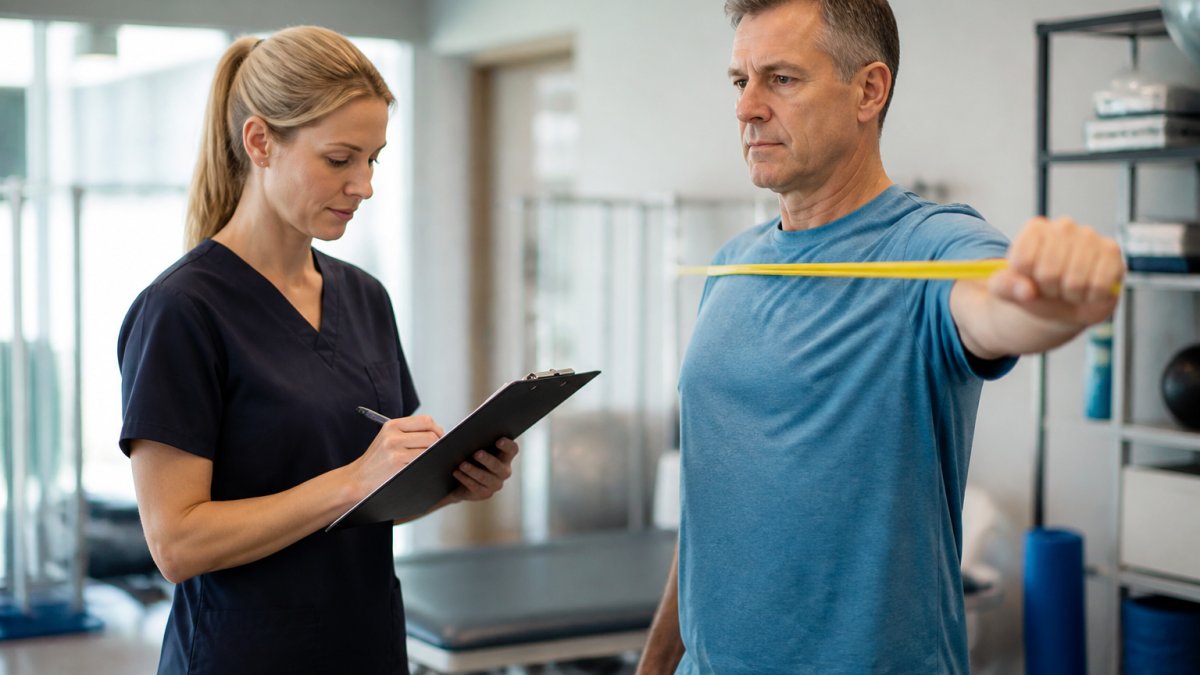 A physical therapist in a bright clinic reviewing a patient's progress notes on a clipboard while the patient performs a shoulder exercise with a resistance band nearby