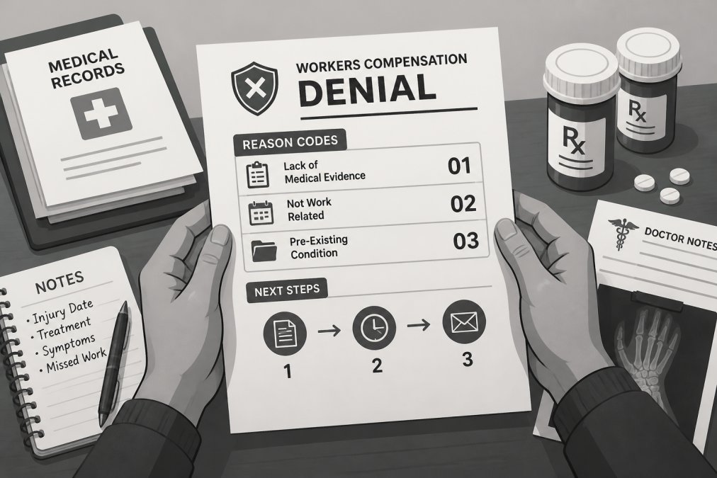 Close-up of hands holding an official workers compensation denial letter at a table with medical records, prescription bottles, and handwritten notes scattered nearby