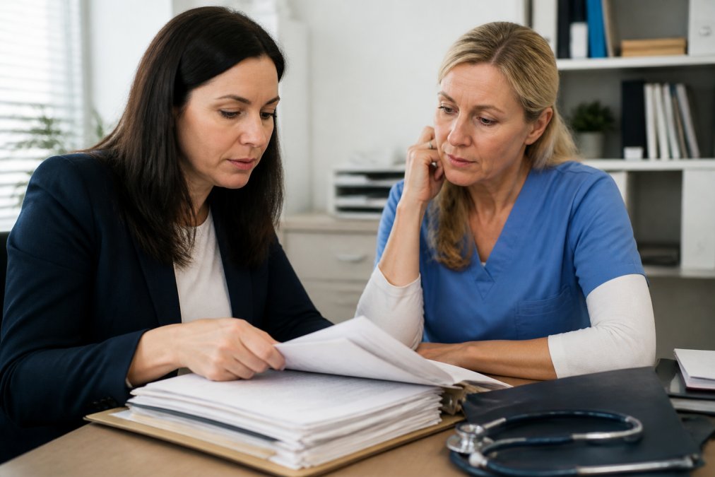 Professional organizing medical records and test results in a folder with a stethoscope and medical file visible on a clean desk in a bright office