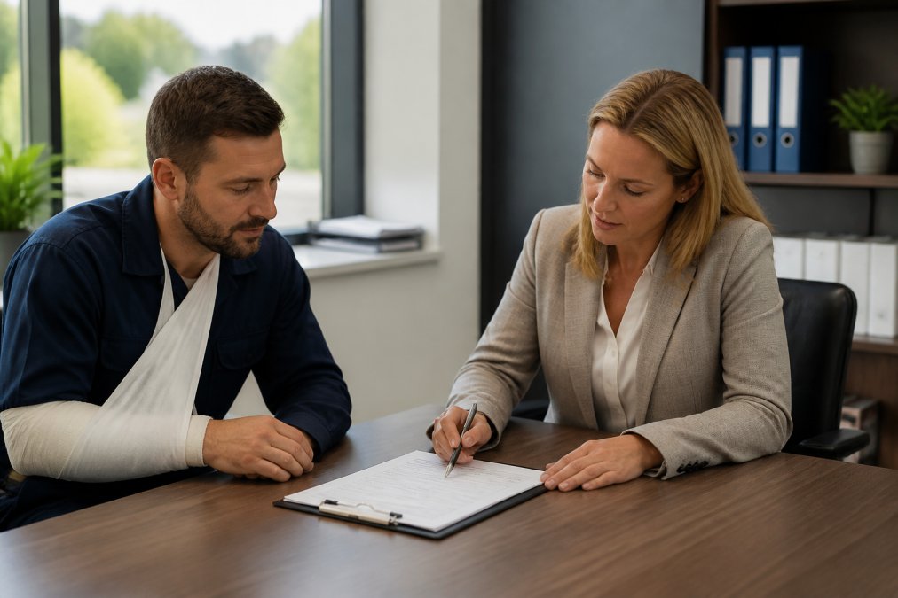 Injured worker meeting with HR representative in office, reviewing incident report form on desk with pen and clipboard, professional setting with natural window lighting