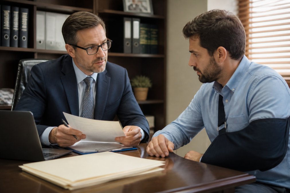 Professional attorney in business attire reviewing workers compensation documents with injured worker, discussing claim strategy at office desk with laptop and file folders visible, warm professional lighting