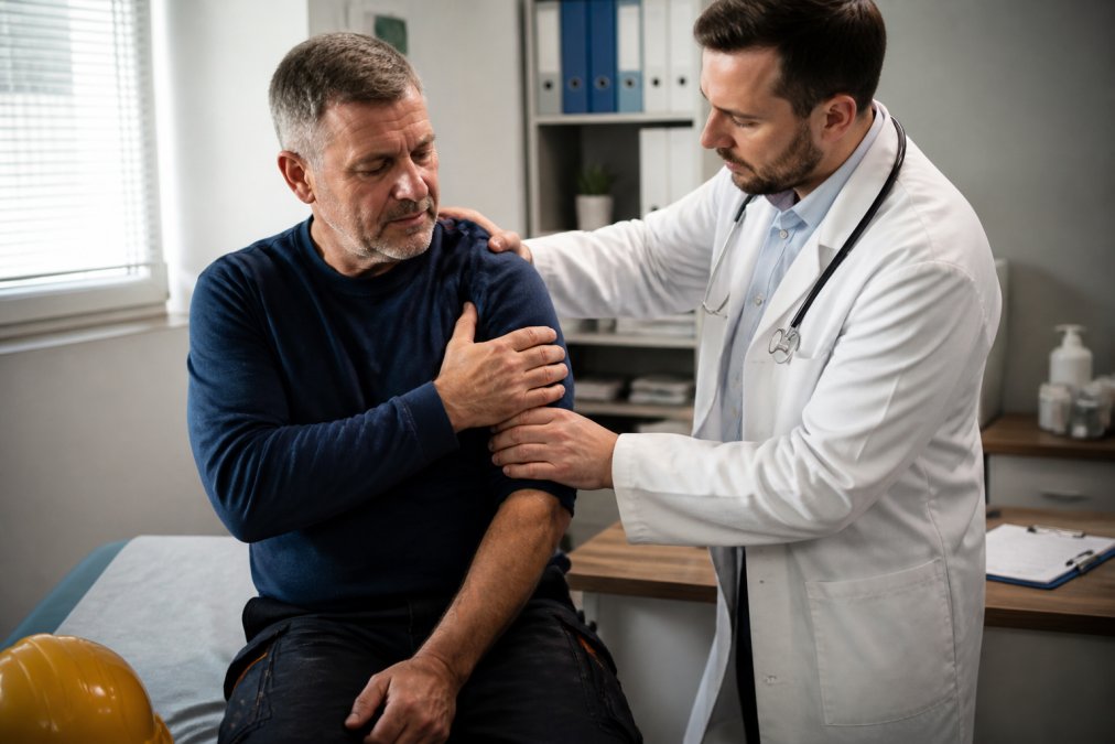 Physician in white coat examining injured worker's shoulder, with medical records and clipboard on desk in background, clinical lighting in examination room