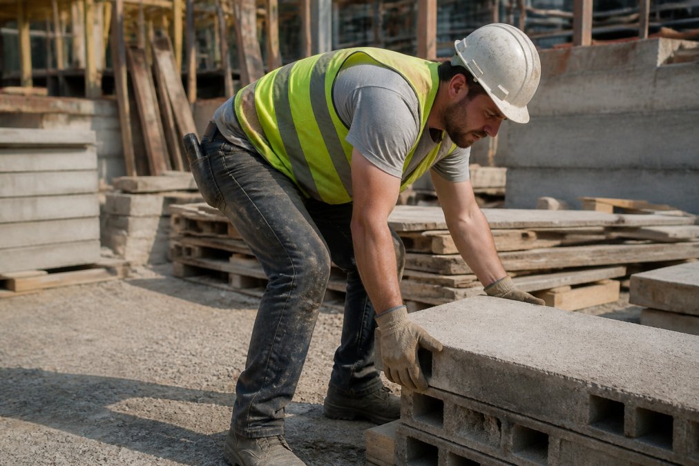 Construction worker lifting heavy materials at a job site, demonstrating the physical strain and posture challenges that commonly lead to workplace back injuries
