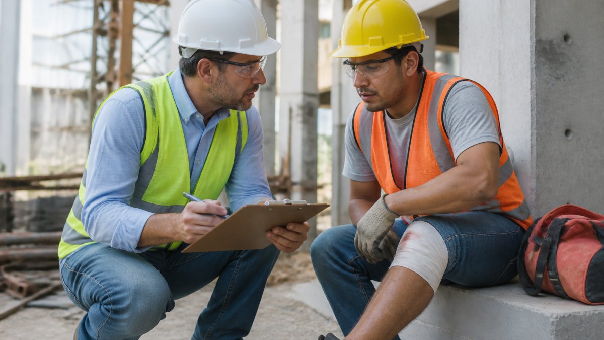 Construction supervisor discussing workers compensation for California contractors with an injured worker.