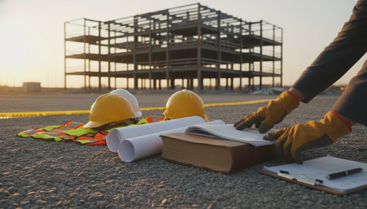 A contractor in a hard hat and safety vest reviewing paperwork on a clipboard at a construction site, with a steel building frame visible in the background under bright midday sunlight