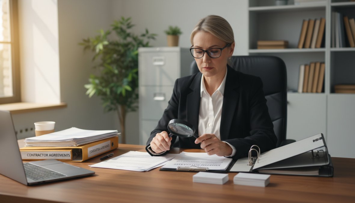 A business owner sitting at a modern office desk reviewing insurance documents and a printed checklist beside an open laptop, warm natural light coming through a large window behind them