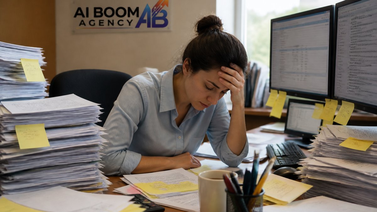 Busy office worker surrounded by stacks of papers and sticky notes, overwhelmed at desk with multiple computer monitors showing different systems