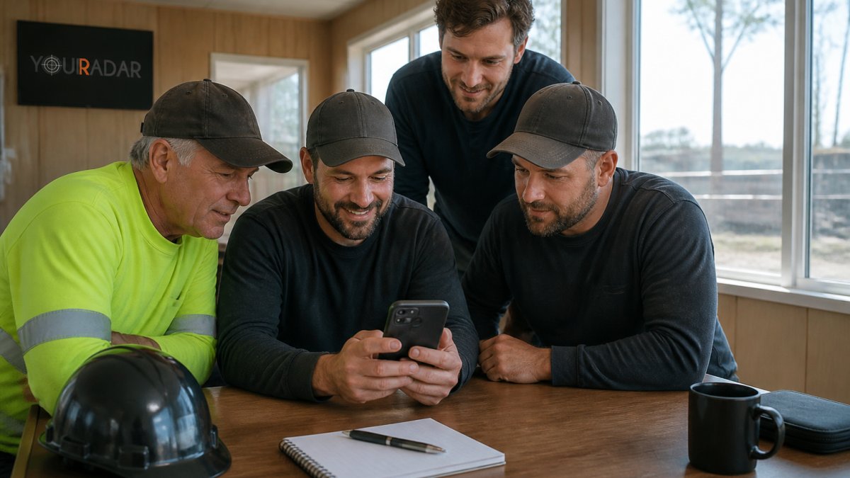 Small trades business team gathered around a mobile device in a job site office, reviewing a scheduling interface together with natural lighting from windows