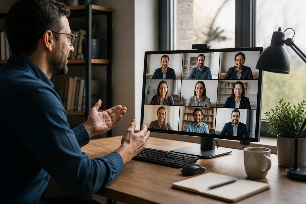 Remote worker at home desk on a video call with multiple colleagues displayed on screen, showing distributed team collaboration with professional home office setup