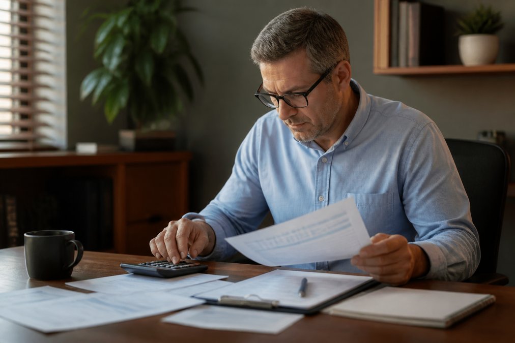 Middle-aged professional working at desk with financial documents, calculator, and retirement income statements under warm office lighting