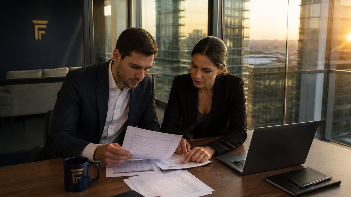 A consultant in a glass-walled meeting room reviewing a printed balance sheet with a colleague, laptop open to a project billing spreadsheet, late afternoon light
