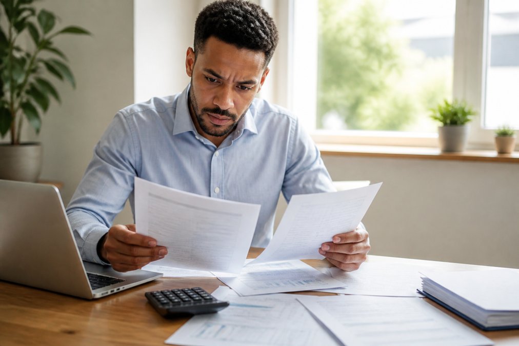 A business owner in business casual attire reviewing financial statements and a balance sheet at a clean desk, laptop open and calculator nearby, natural daylight from a window