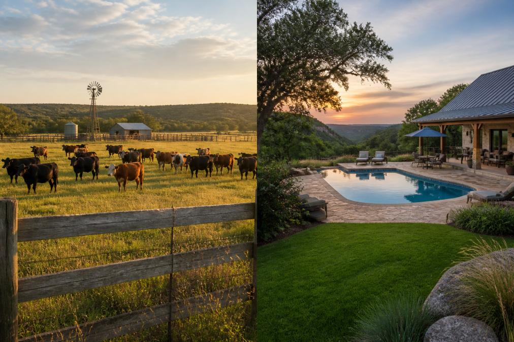 Working cattle ranch with livestock grazing across open pasture, weathered wooden fencing visible, ranch equipment and structures in the background during golden hour sunlight