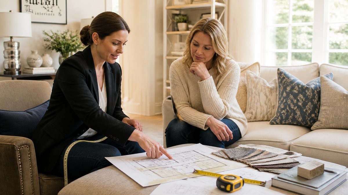 Professional interior designer and homeowner reviewing a floor plan and taking measurements in a bright living room, with the designer pointing to furniture placement and discussing layout options