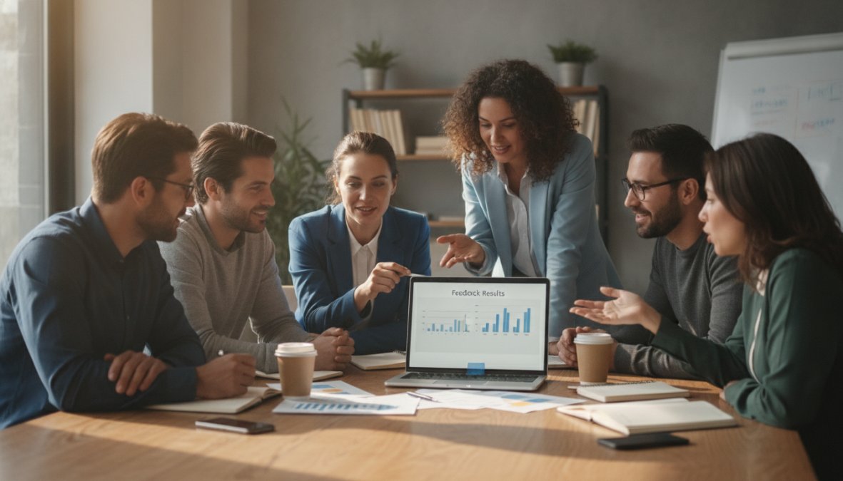 A diverse team of professionals collaborating around a conference table, reviewing feedback results on a laptop with engaged expressions and positive body language