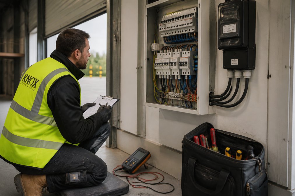 Electrician inspecting a warehouse distribution board for a workplace ev charger installation