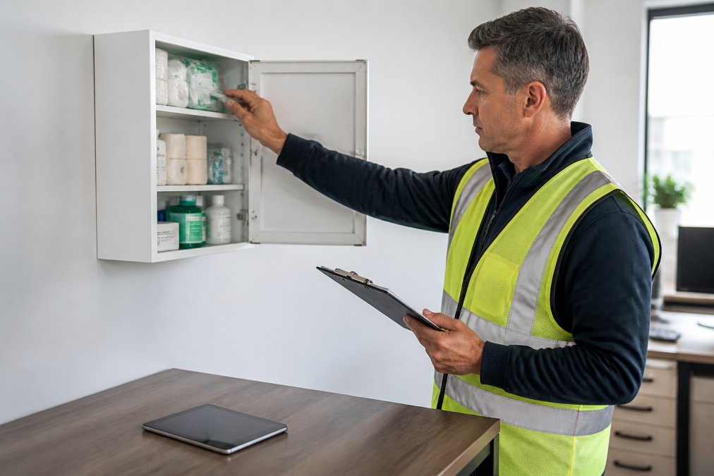 Safety manager using a digital audit app to ensure first aid compliance for wall-mounted supply kits