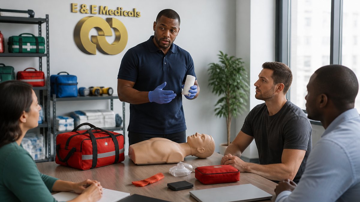 Professional demonstrating best practices for workplace first aid training programs technique in modern clinical setting with natural lighting