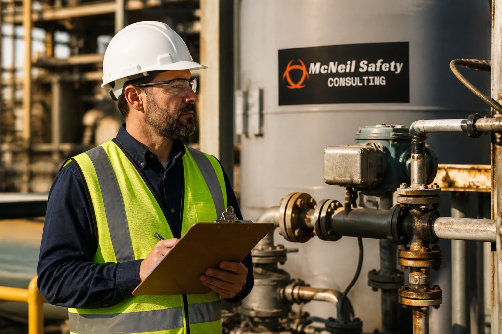 A safety professional in a hard hat and high-visibility vest conducting a site inspection at an industrial facility, holding a clipboard and reviewing equipment in bright afternoon light
