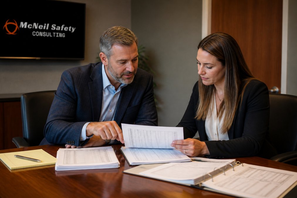 A business owner and HR manager seated at a conference table reviewing printed safety compliance documents and training logs together under warm office lighting