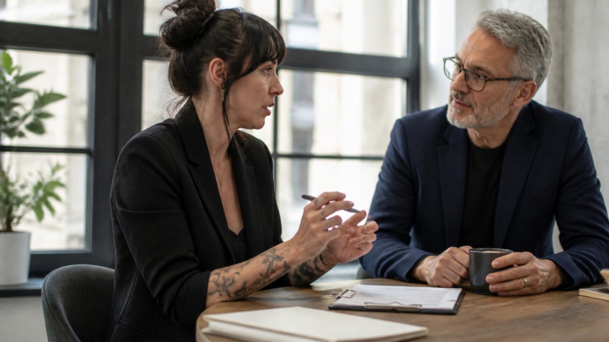 Professional woman in business attire having a calm, focused conversation with her manager in a modern office setting, both appearing engaged and supportive