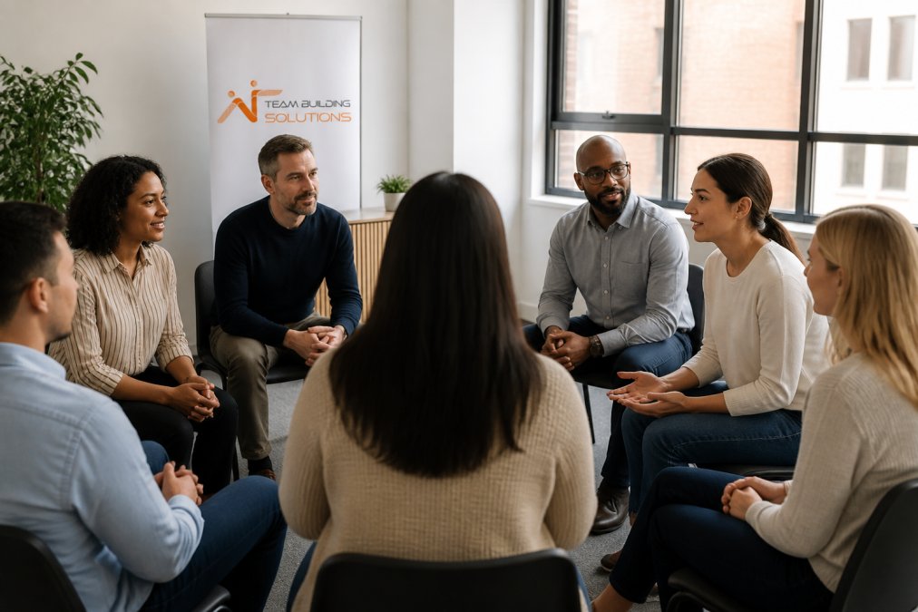 Diverse group of employees sitting in a circle with attentive body language, engaged in active listening exercise with open posture and focused expressions, natural office lighting