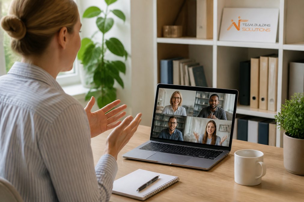 Remote team members on video call, each in their own workspace, displaying engaged expressions and visible enthusiasm on screen, professional home office settings with natural lighting