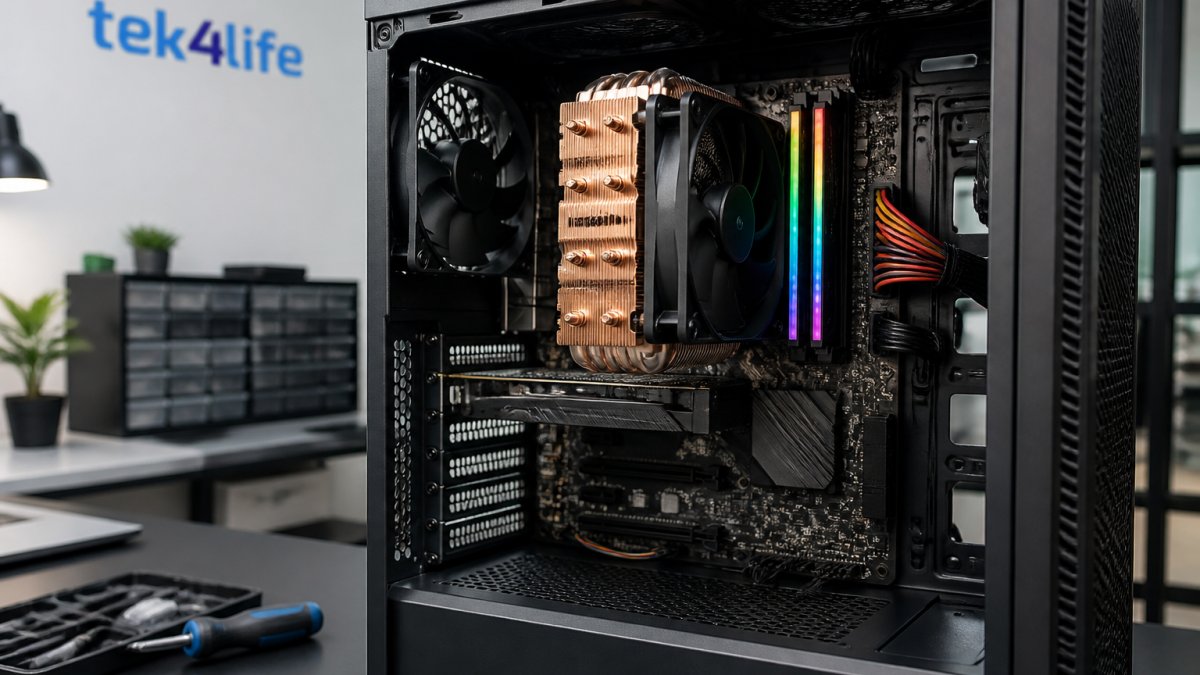Componentes internos de um computador de alto desempenho com dissipador de cobre e iluminação em bancada técnica