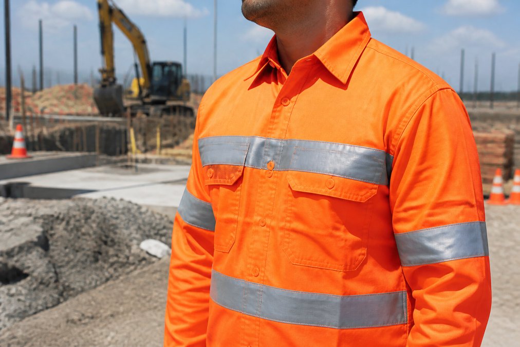Worker wearing an orange high-visibility long-sleeve shirt with reflective tape on a construction site