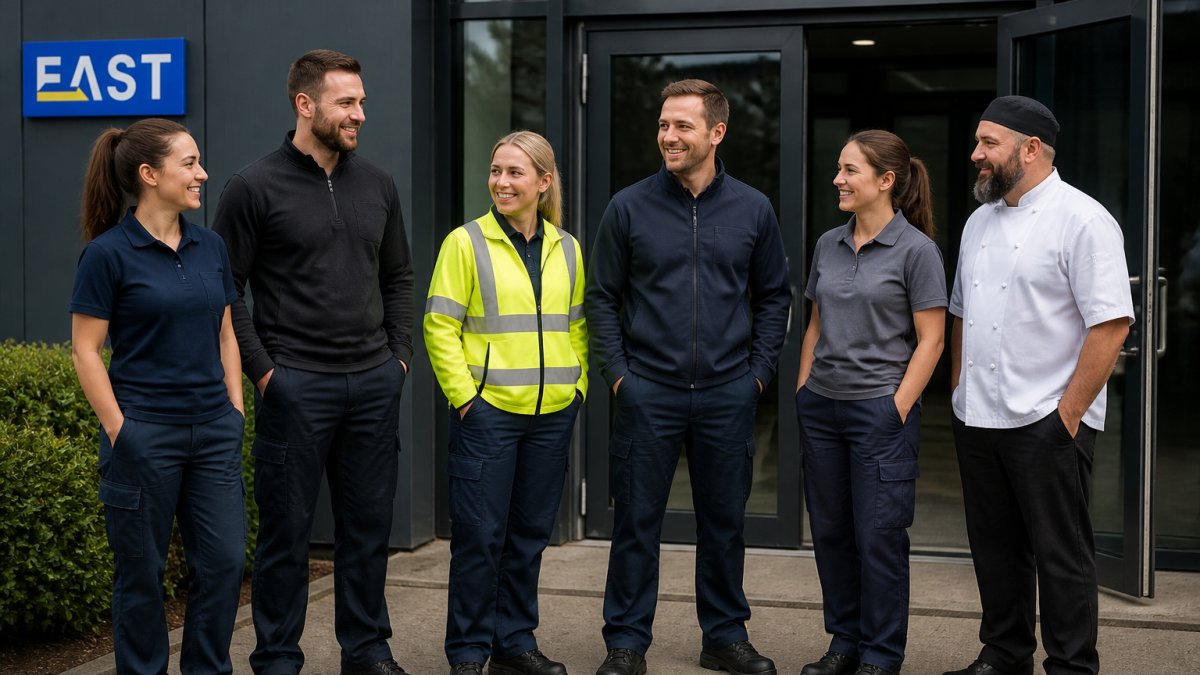 A group of staff in different branded uniforms, polo shirts, hi-vis vests and chef whites, standing together outside a workplace entrance, showing varied fits and roles