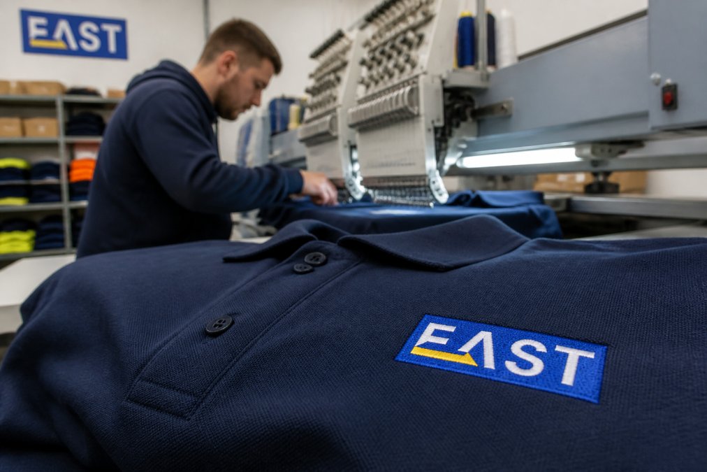 Close-up of a multi-colour embroidered logo on a navy polo shirt, with a machinist working at an embroidery machine in the background of a workshop