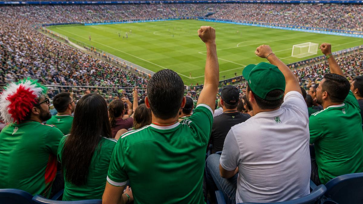 Diverse soccer fans in jerseys cheering at a stadium match during your world cup 2026 travel planning experience.