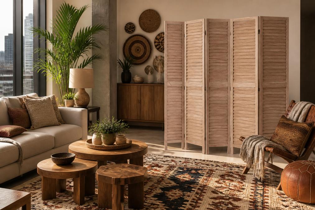 Modern apartment living room with bohemian accents, featuring a patterned hand-woven rug, wooden nesting tables, and global-inspired wall decor in warm natural lighting