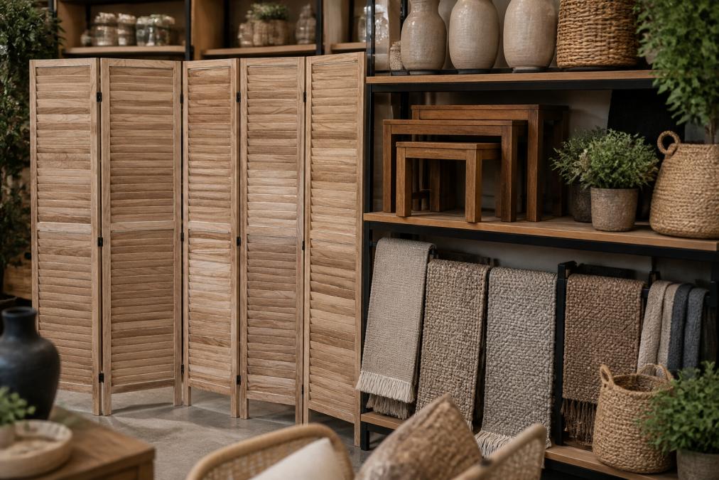 Close-up of curated home decor items arranged on shelves, including solid wood nesting tables, hand-woven runner rug samples, and decorative artificial plants showcasing quality craftsmanship and natural materials in soft studio lighting