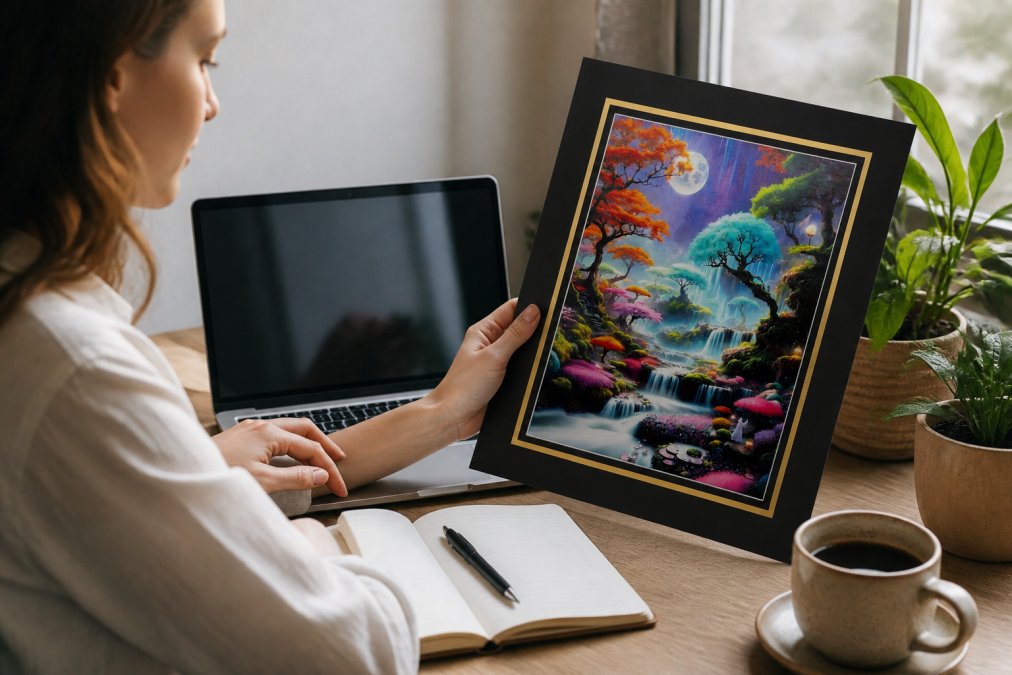 Person scrolling through home decor items on a laptop screen, with a warm coffee cup and open notebook on a wooden desk beside the keyboard, natural window light streaming across the workspace
