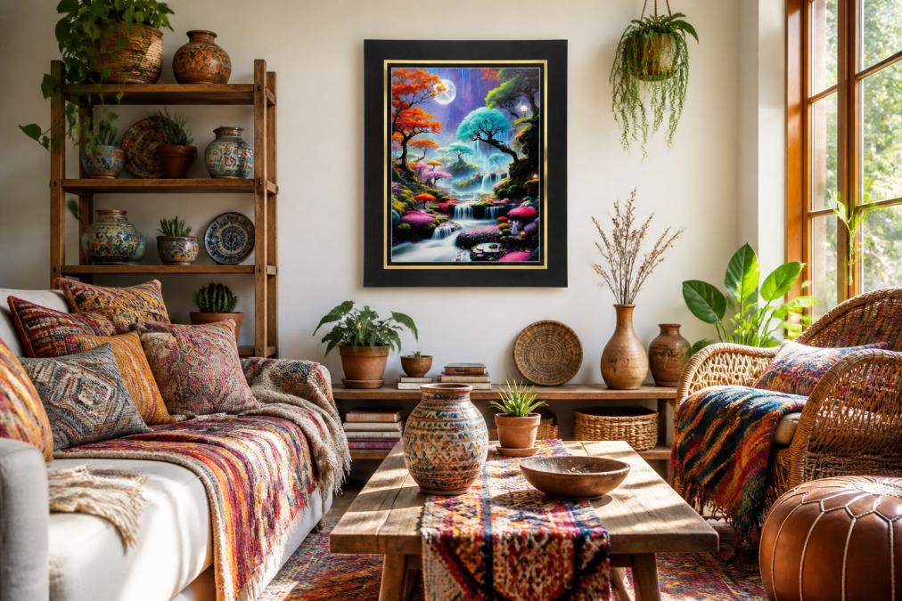 Bright, eclectic living room with bohemian-style decor featuring colorful woven textiles draped on furniture, framed art prints on white walls, global-inspired ceramic accent pieces on wooden shelves, and natural sunlight streaming through large windows