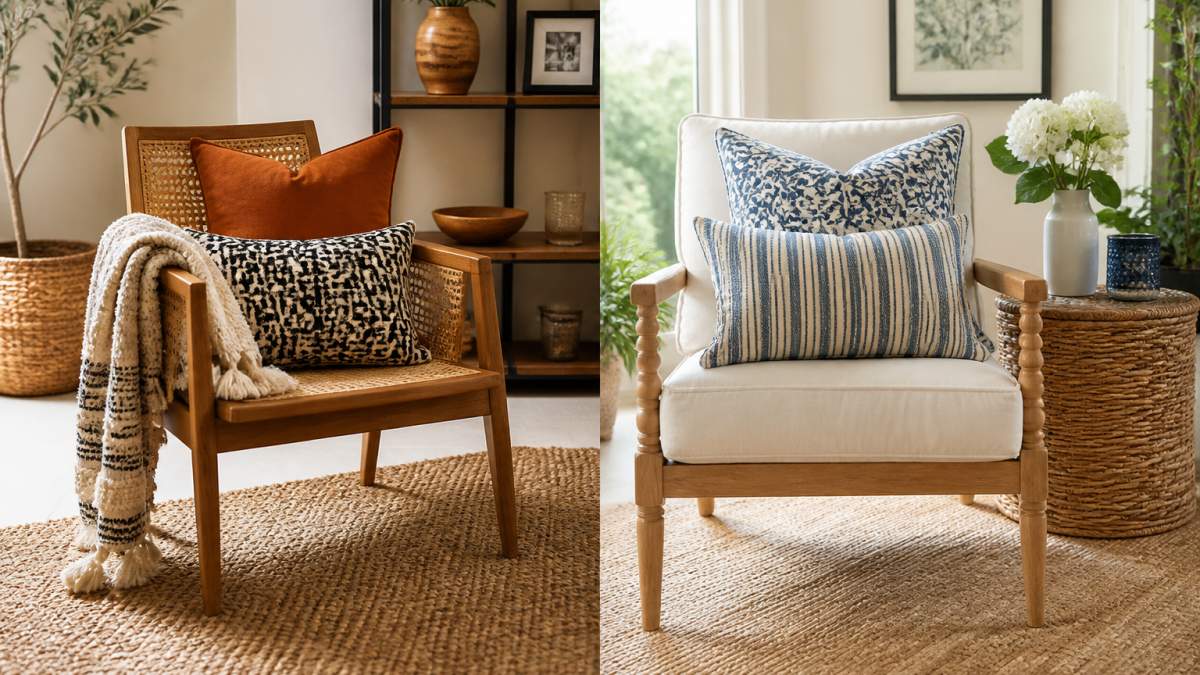 A bright living room corner with a woven area rug, a wooden accent chair, and decorative pillows in contrasting patterns, styled to show two different design approaches