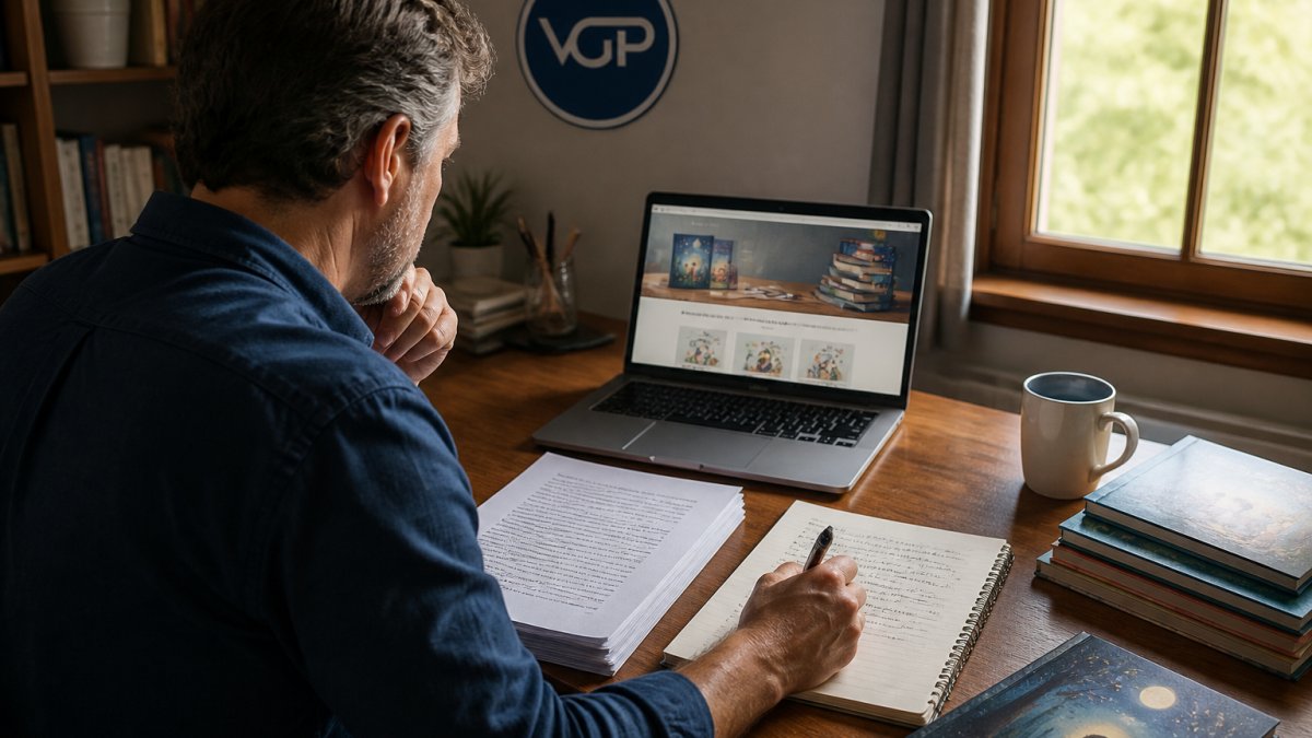 A writer sitting at a wooden desk with a printed manuscript, a laptop showing a publisher's website, and a notebook with handwritten evaluation notes, warm natural light from a window